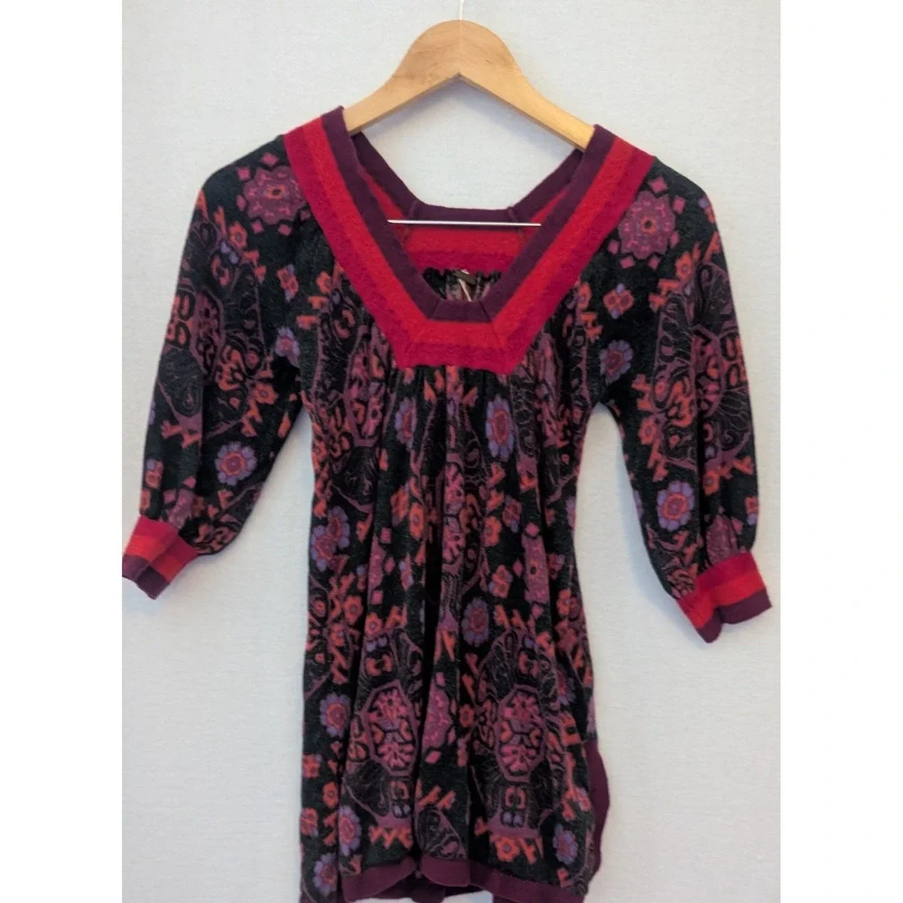 Free People Wool Cashmere Paisley V-Neck Tunic Sweater Purple Red Medium